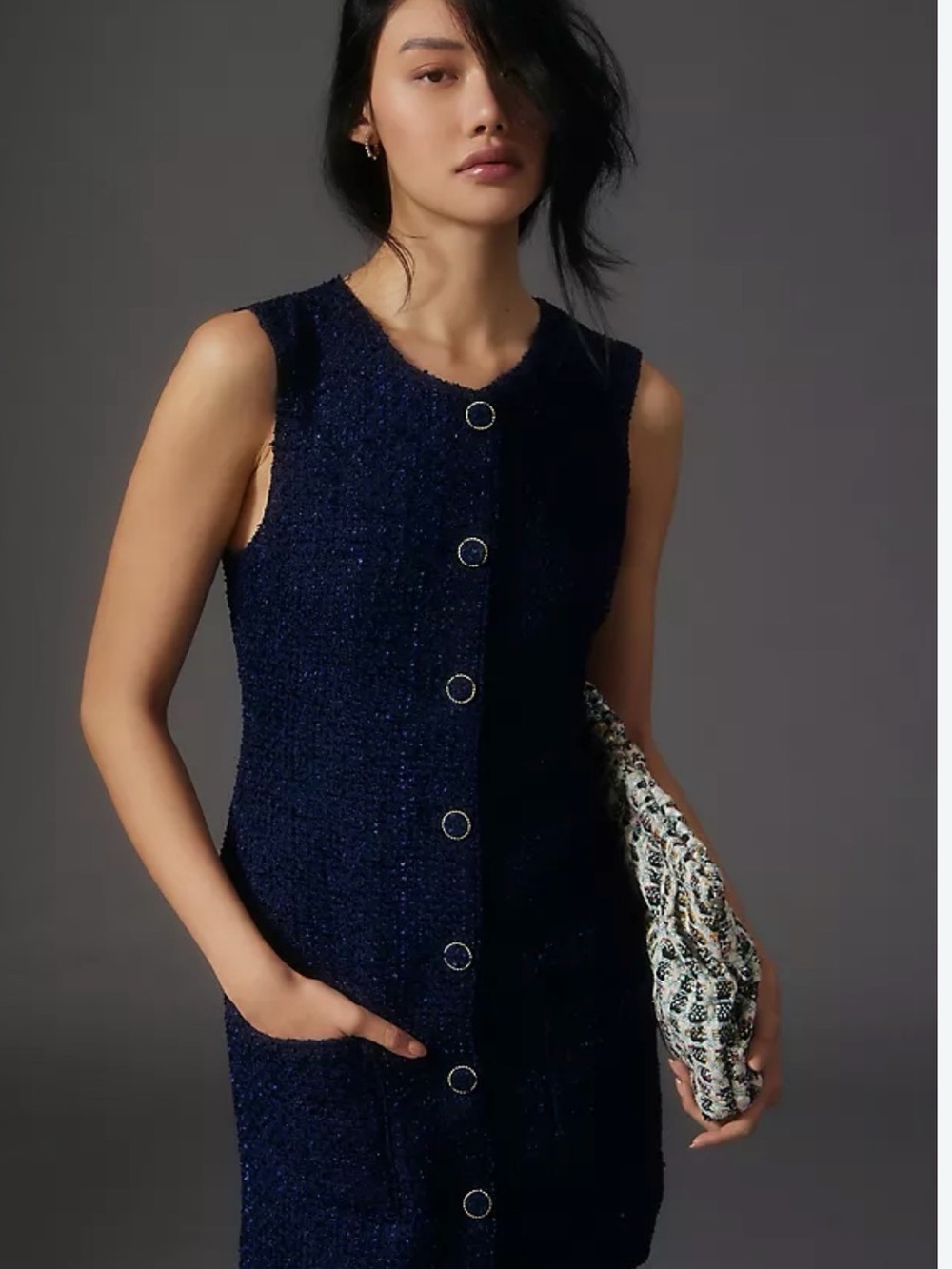 Endless Rose Sleeveless Navy Button-Front Tweed Dress